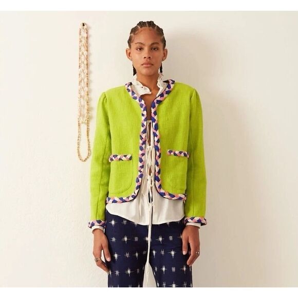 Alix of Bohemia Chartreuse Braided Trim Boho Jacket Green Cotton Small - Picture 1 of 16